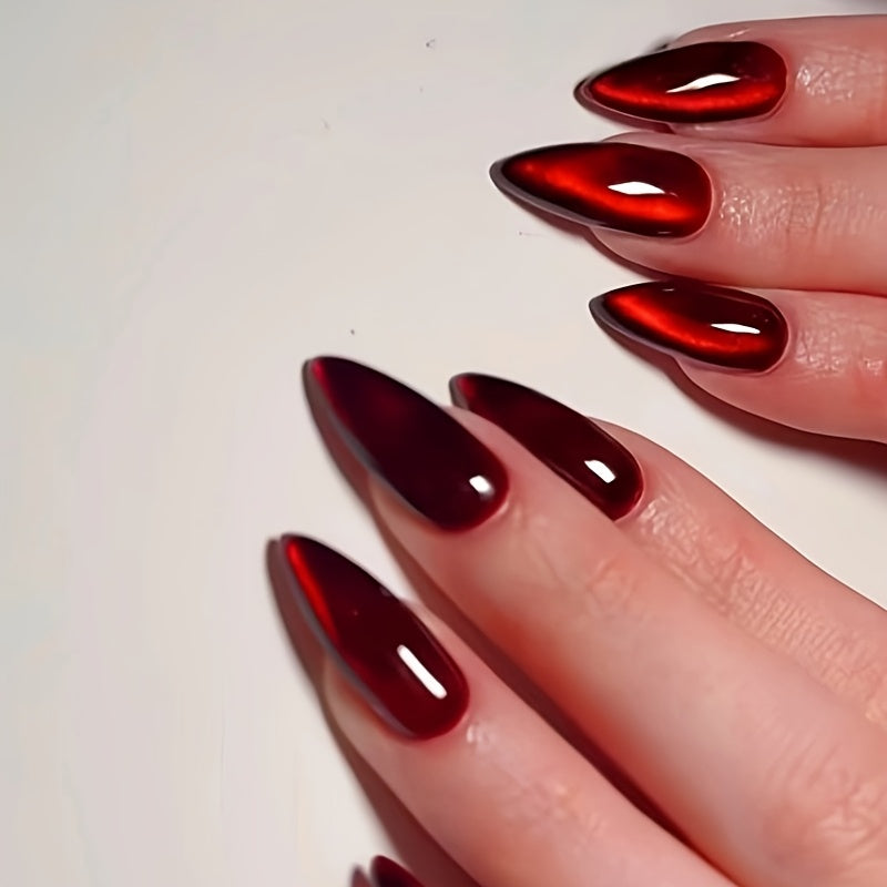 TEMU A Set Of High-end Black And Red Cat-eye False Nails For Women, Red Almond-shaped Medium-length Nails With Burgundy Cat-eye Glossy Manicure,