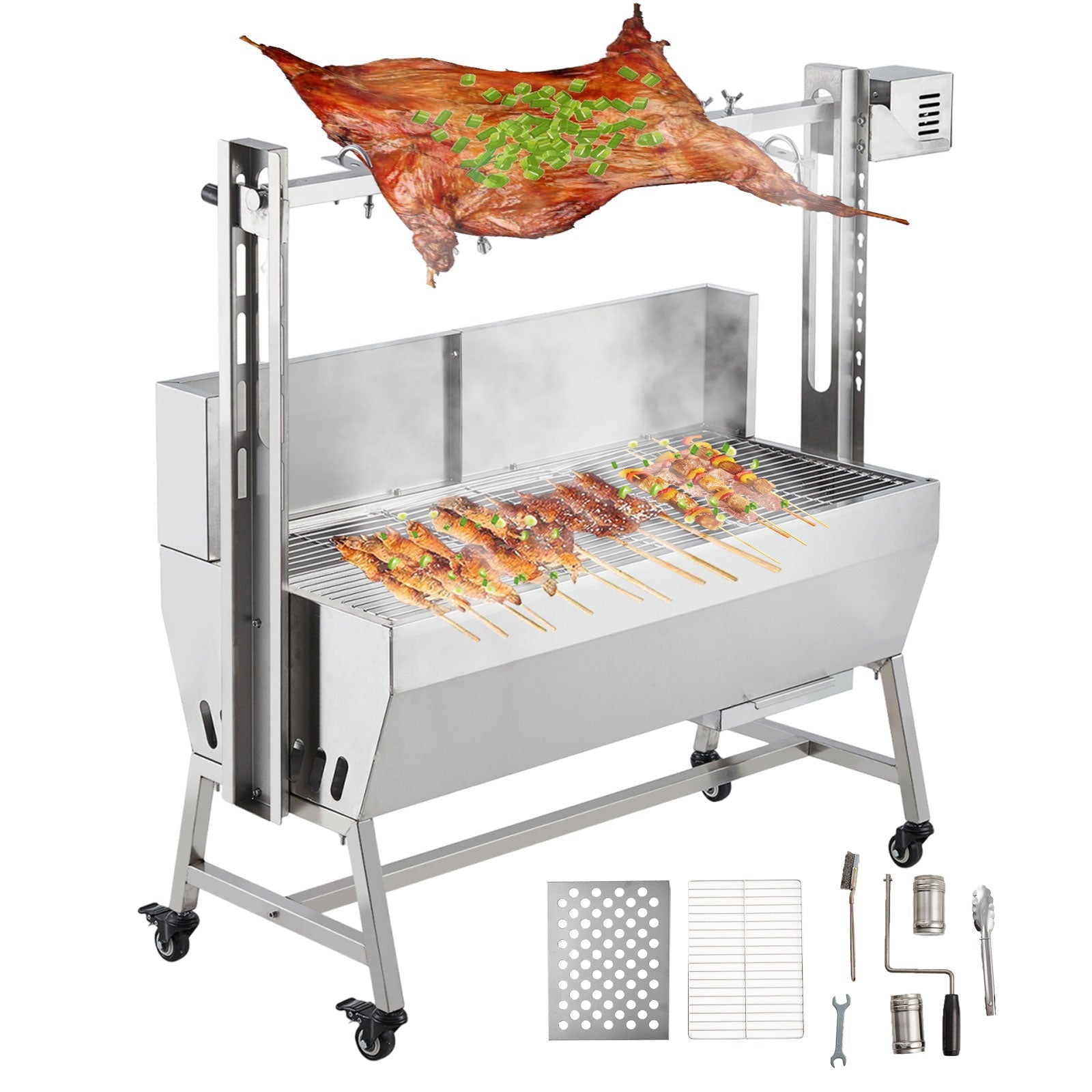 Garvee Stainless Steel Rotisserie Grill with Windscreen - Electric BBQ Whole Pig-Lamb Spit Roaster w-Lockable Wheels for Outdoor Cooking