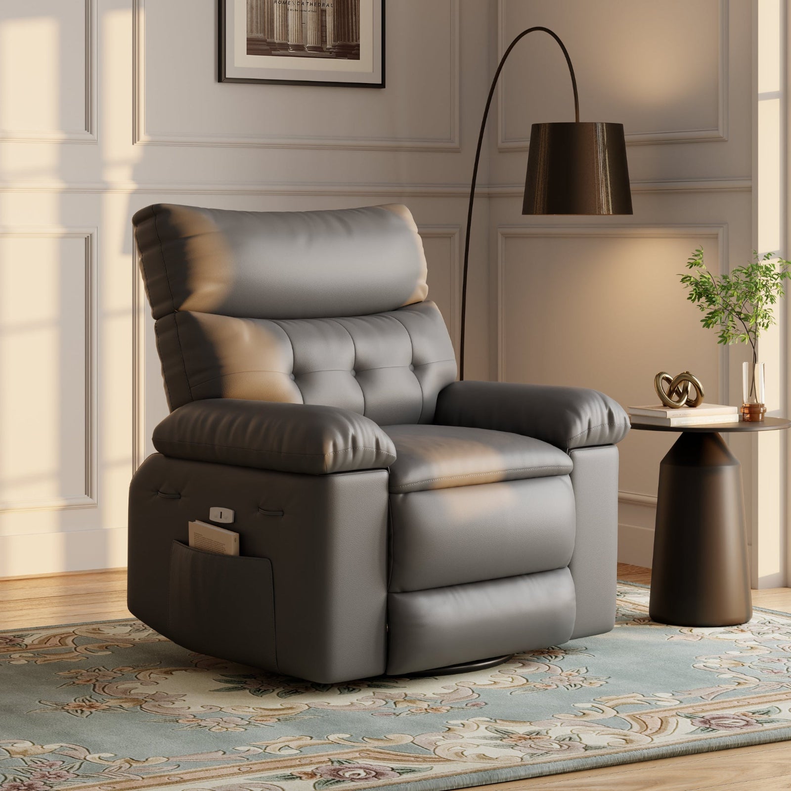 Garvee Oversized Manual Recliner, Breathable Leather Pushback Recliner Chair, Single Lazy Sofa Chair with Two Cup Holders and Side Pocket, Living Room