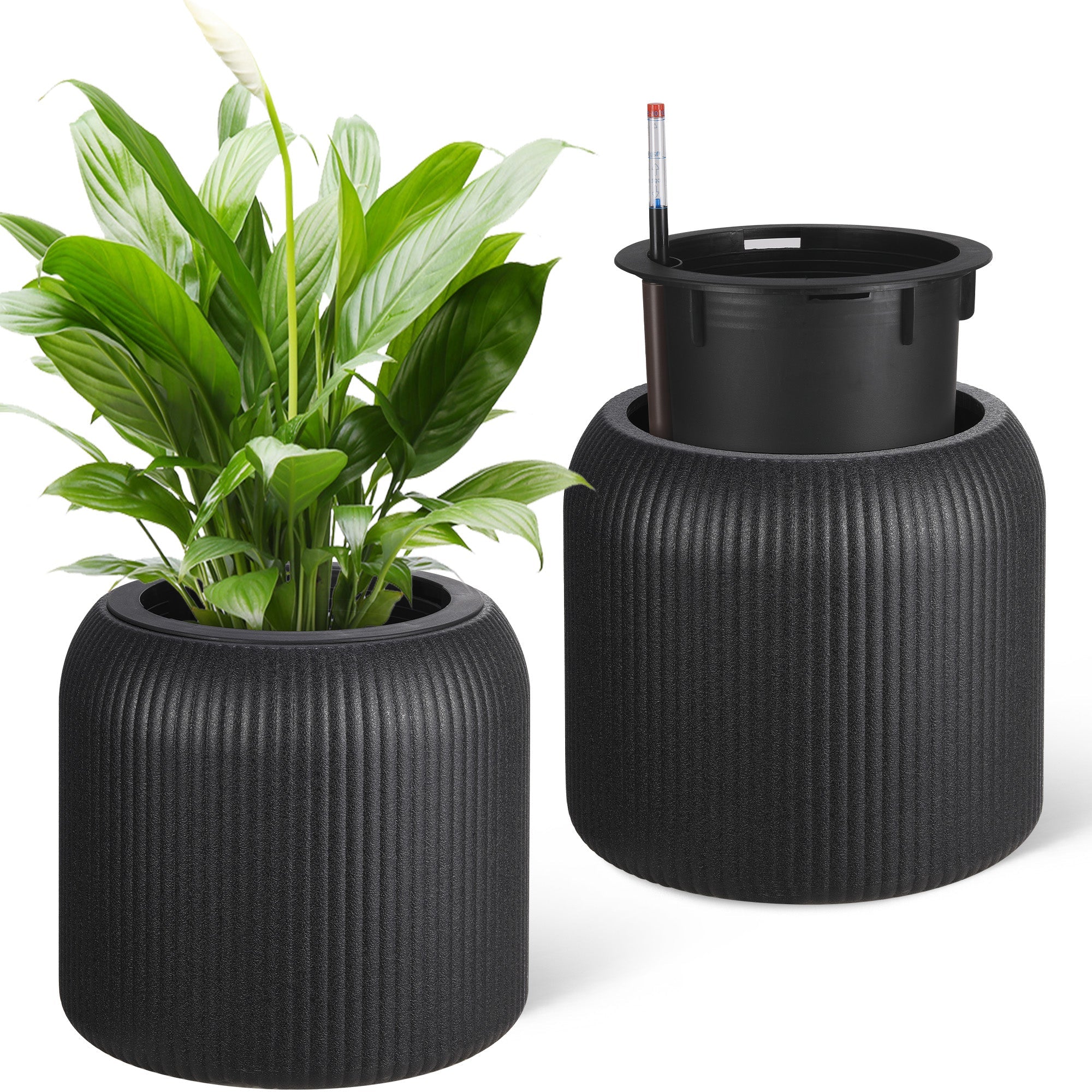 Garvee 14 Inch Tall Round Planters Set of 2, Self Watering Flower Pots with Water Level Monitor and 2 Trays, for Living Room, Bedroom Office, Patio, P