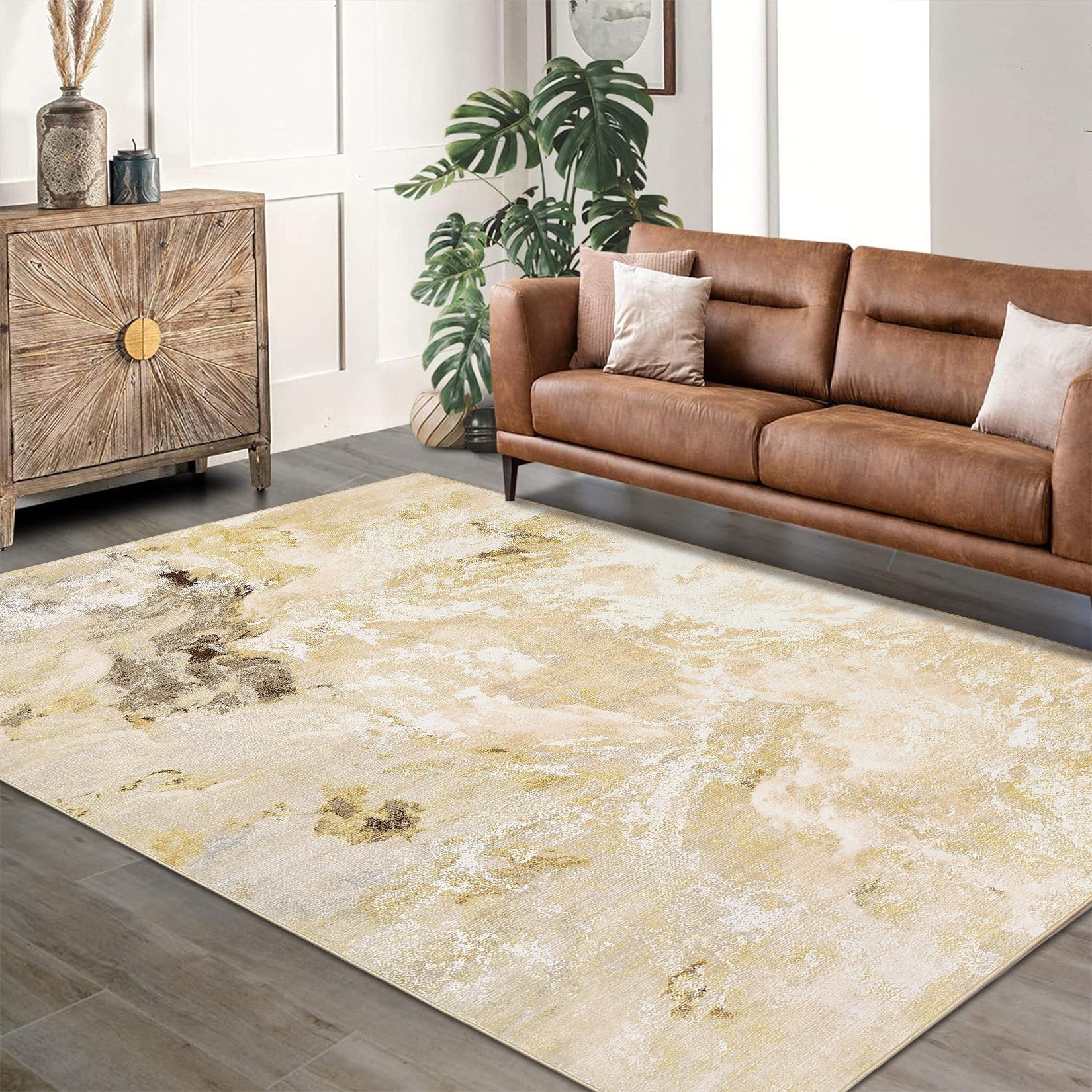 Garvee Machine Washable Non-Slip Rubberback Runner Abstract Geometric Print Carpet for Hallway Bedroom Living Room 9x12 Gold