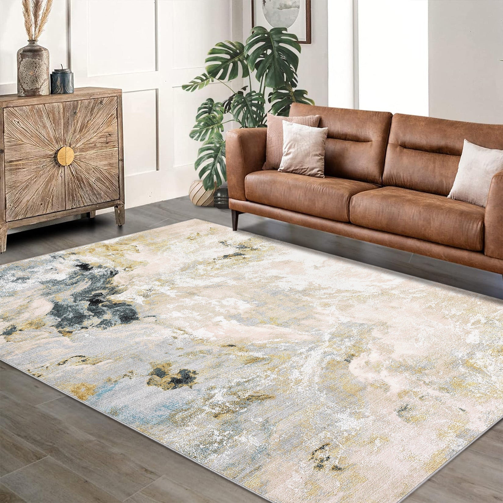 Garvee Machine Washable Non-Slip Rubberback Runner Abstract Geometric Print Carpet for Hallway Bedroom Living Room 5x7 Grey