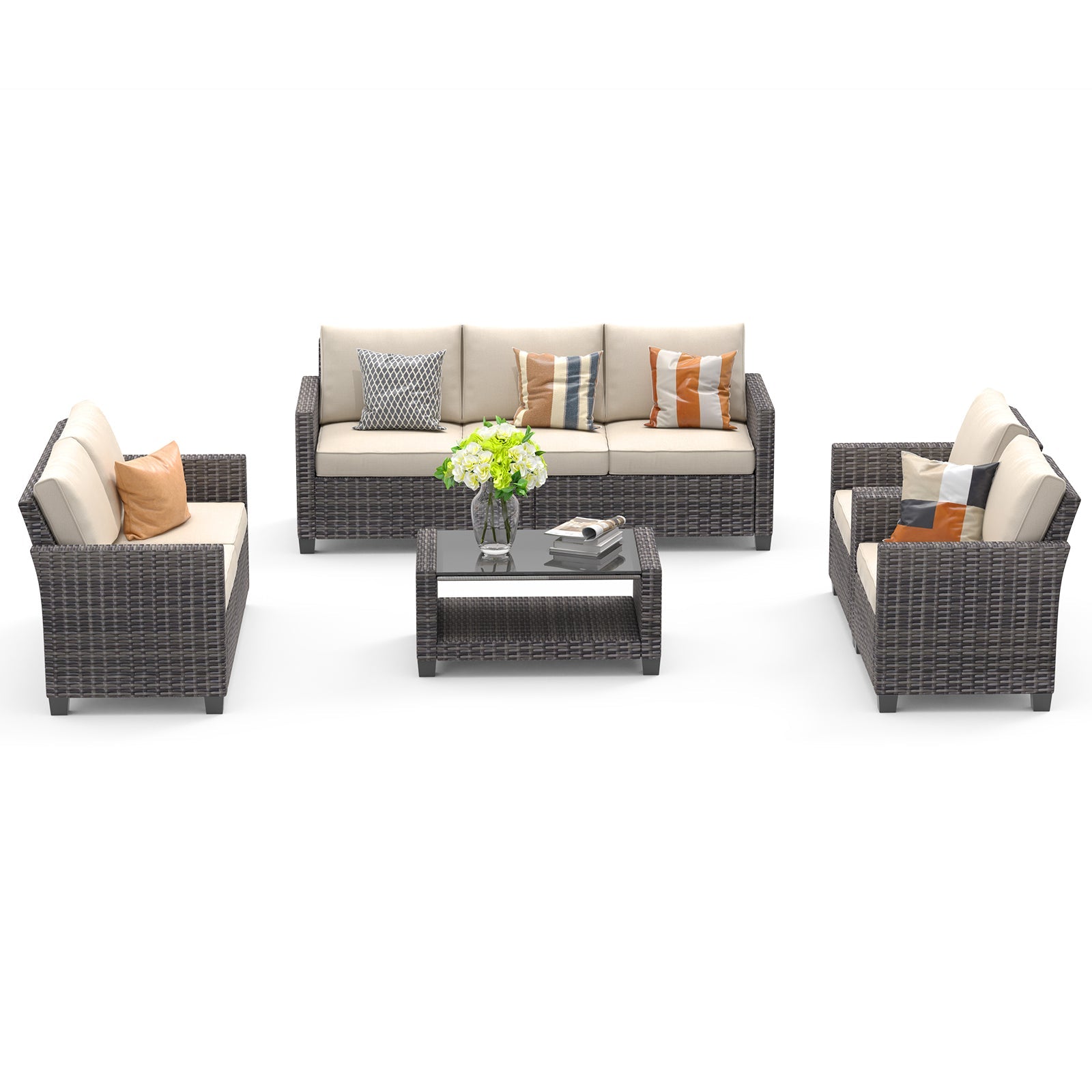 Garvee 5pc Outdoor Rattan Patio Furniture Set - Sectional 3-Seat Sofa, 2-Seat Sofa, 2 Single Sofas & Table - All-Weather Conversation Set for Balcony 
