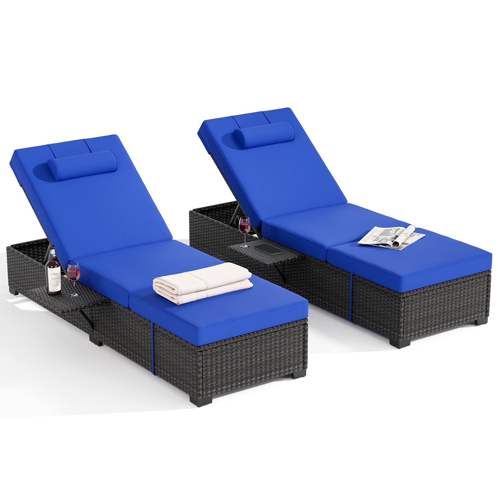 Garvee Set of 2 Outdoor Chaise Lounge Chairs, PE Rattan Recliners with Adjustable Backrest & Side Table, Thick Blue Cushions, All-Weather Steel Frame 