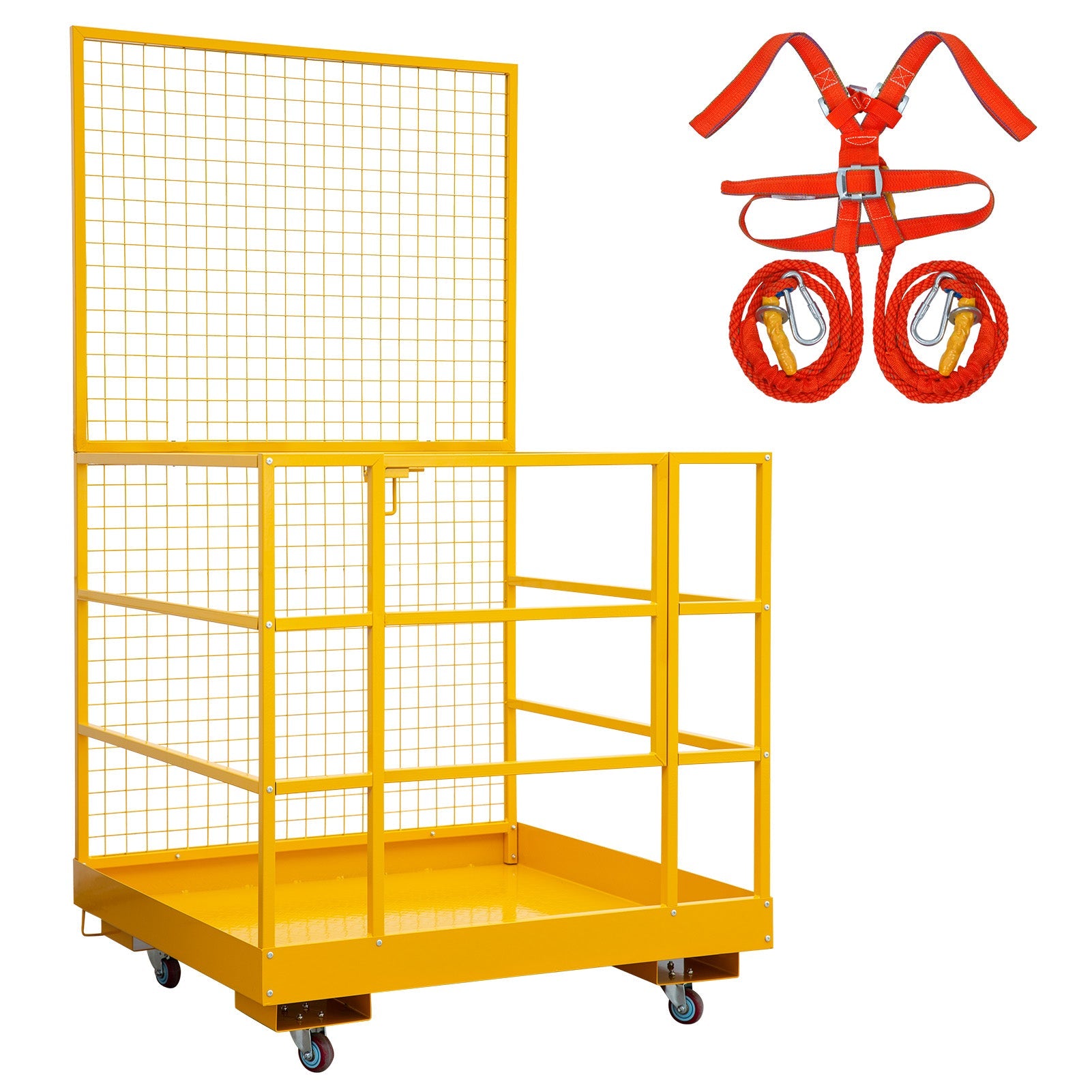 Garvee 43"x45"Forklift Safety Cage – 1400-LB Capacity Work Platform with 4 Wheels, Safety Harness & Collapsible Design for Aerial Lifting Yellow
