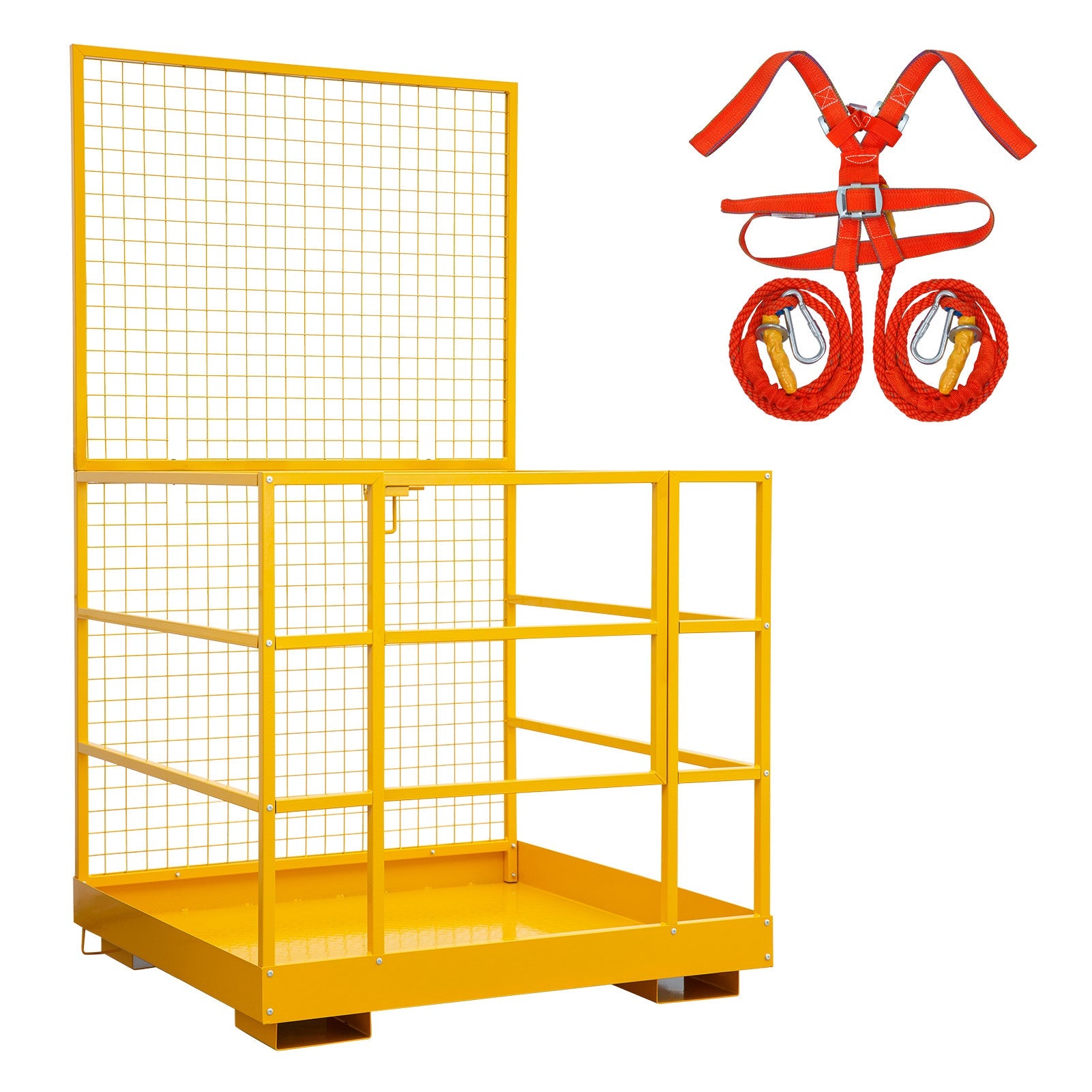 Garvee 43" x 45" Forklift Safety Cage, 1400 LBS Yellow Capacity Forklift Work Platform with Safety Harness, Collapsible Lift Basket Aerial Platform fo