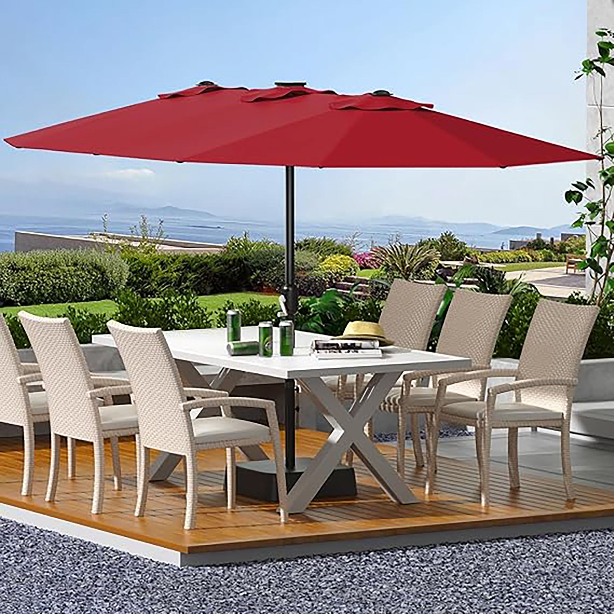Garvee 15' Large Patio Umbrella with Base, Outdoor Double-Sided Rectangle Market Umbrella Outside Umbrellas for Poolside Lawn Backyard, Wine Red