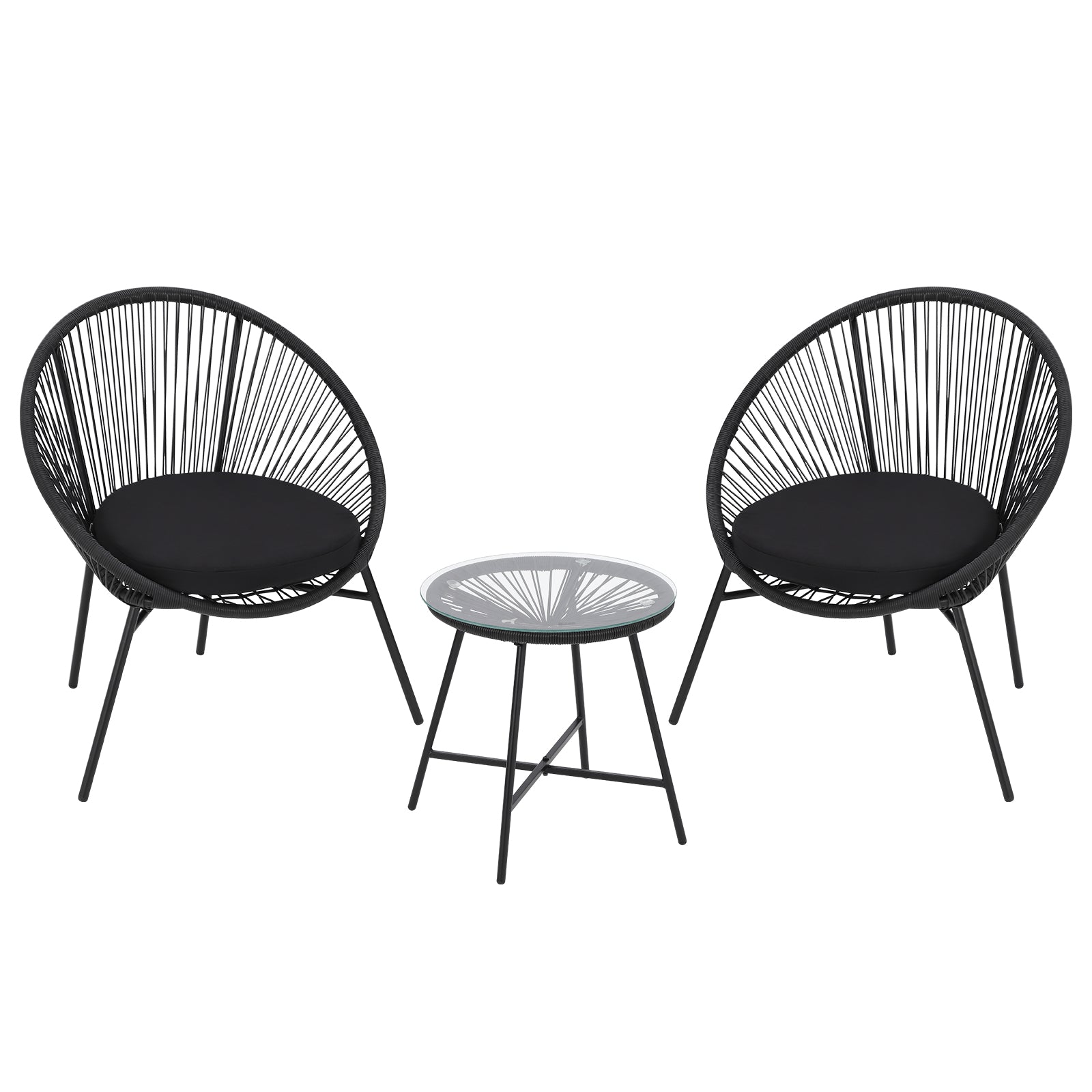 Garvee 3 PC Acapulco Chair Set, All-Weather Modern Patio Furniture Set with Cushions, Plastic Rope, Glass Top Table and 2 Chairs, Woven Patio Conversa