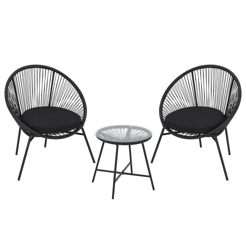 Garvee 3 PC Acapulco Chair Set, All-Weather Modern Patio Furniture Set with Cushions, Plastic Rope, Glass Top Table and 2 Chairs, Woven Patio Conversa
