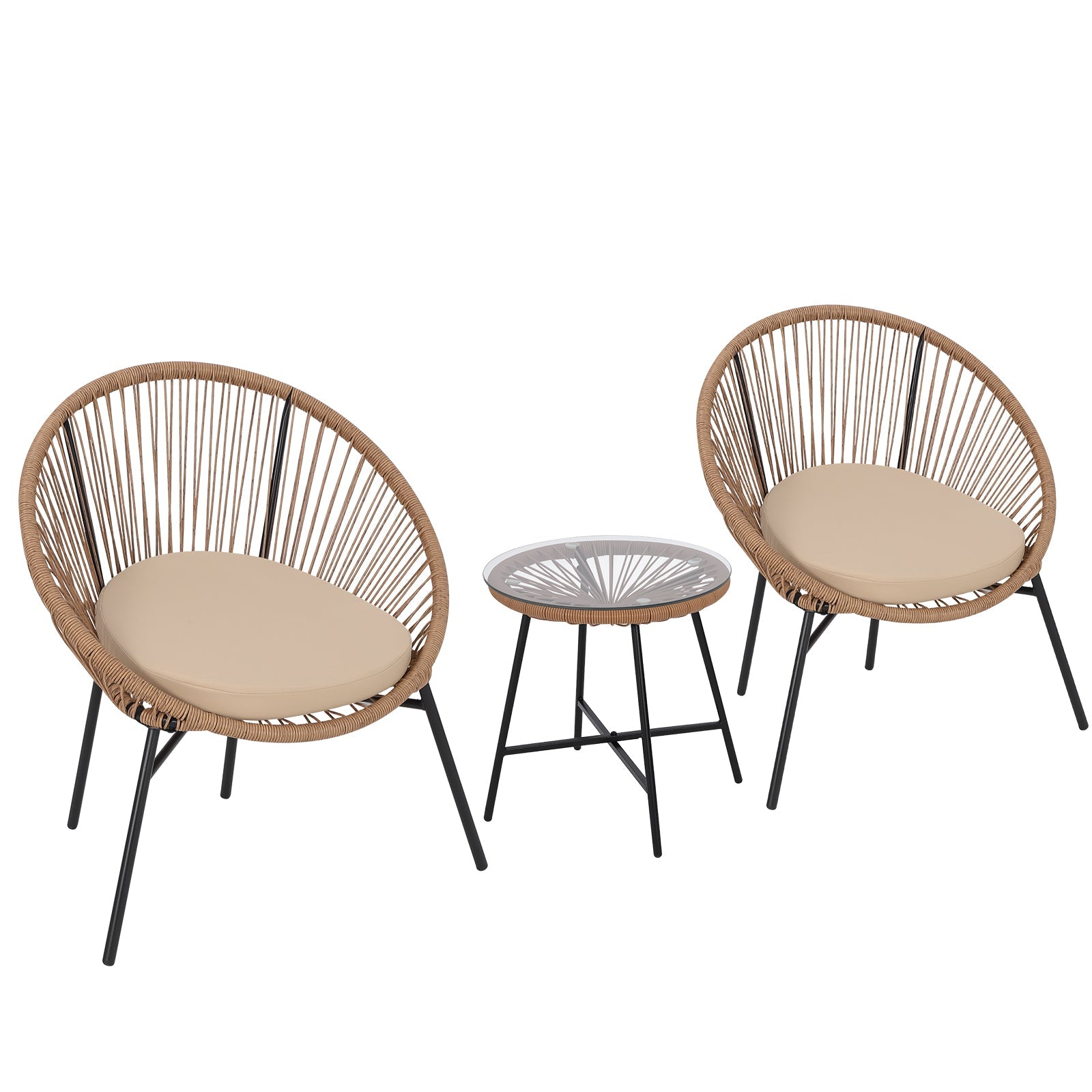 Garvee 3 PC Acapulco Chair Set, All-Weather Modern Patio Furniture Set with Cushions, Plastic Rope, Glass Top Table and 2 Chairs, Woven Patio Conversa