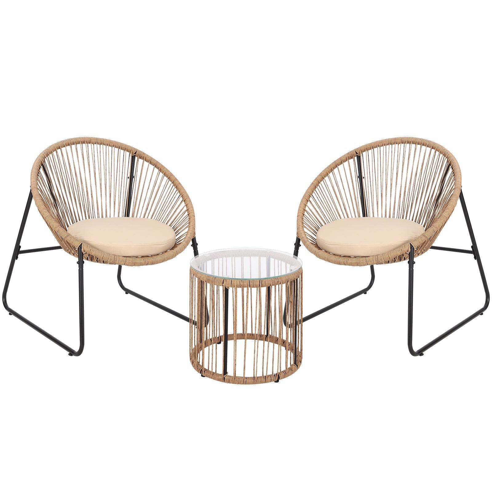 Garvee 3 Piece Acapulco Chair Set, All-Weather Modern Patio Furniture Set with Cushions, Plastic Rope, Glass Top Table and 2 Chairs, Woven Patio Conve