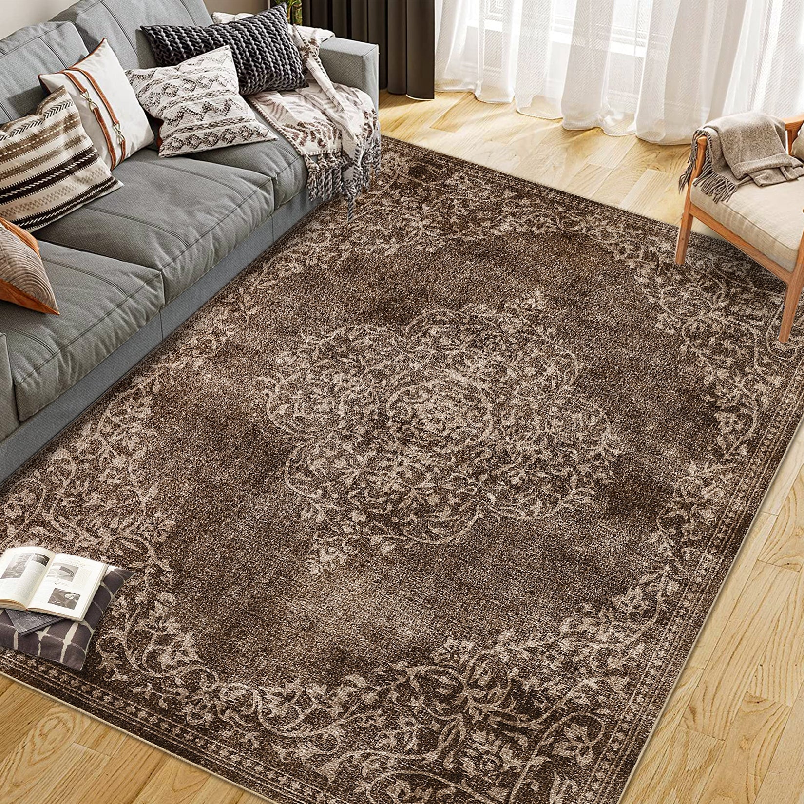 Garvee Washable Area Rugs Stain Resistant Carpet Brown 5'x7' for Living Room Bedroom Kitchen Bathroom with Non Slip Backing