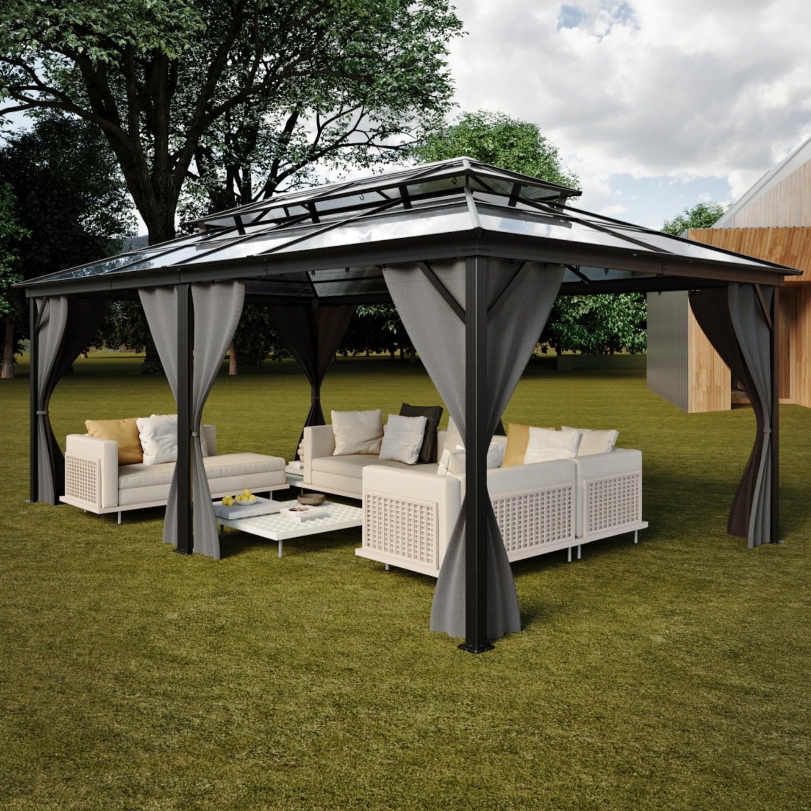 Garvee Hardtop Gazebo 12'x20' Double Polycarbonate Roof Aluminum Alloy Frame Curtains & Net Gray Patio Deck Backyard