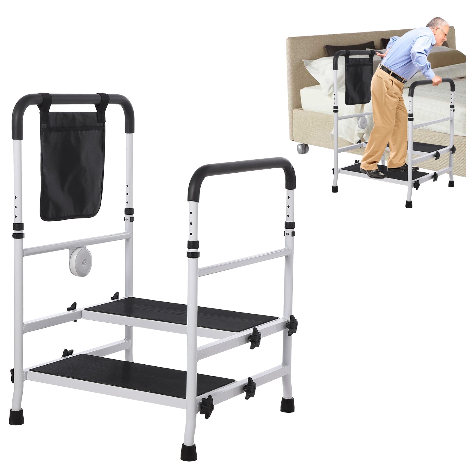 Garvee 2-Step Stool for Elderly, Bed Rails with Adjustable Height Dual Handles for Bed Safety, Bed Step Stool Rail Up to 450 Lbs with Handicap for Fal