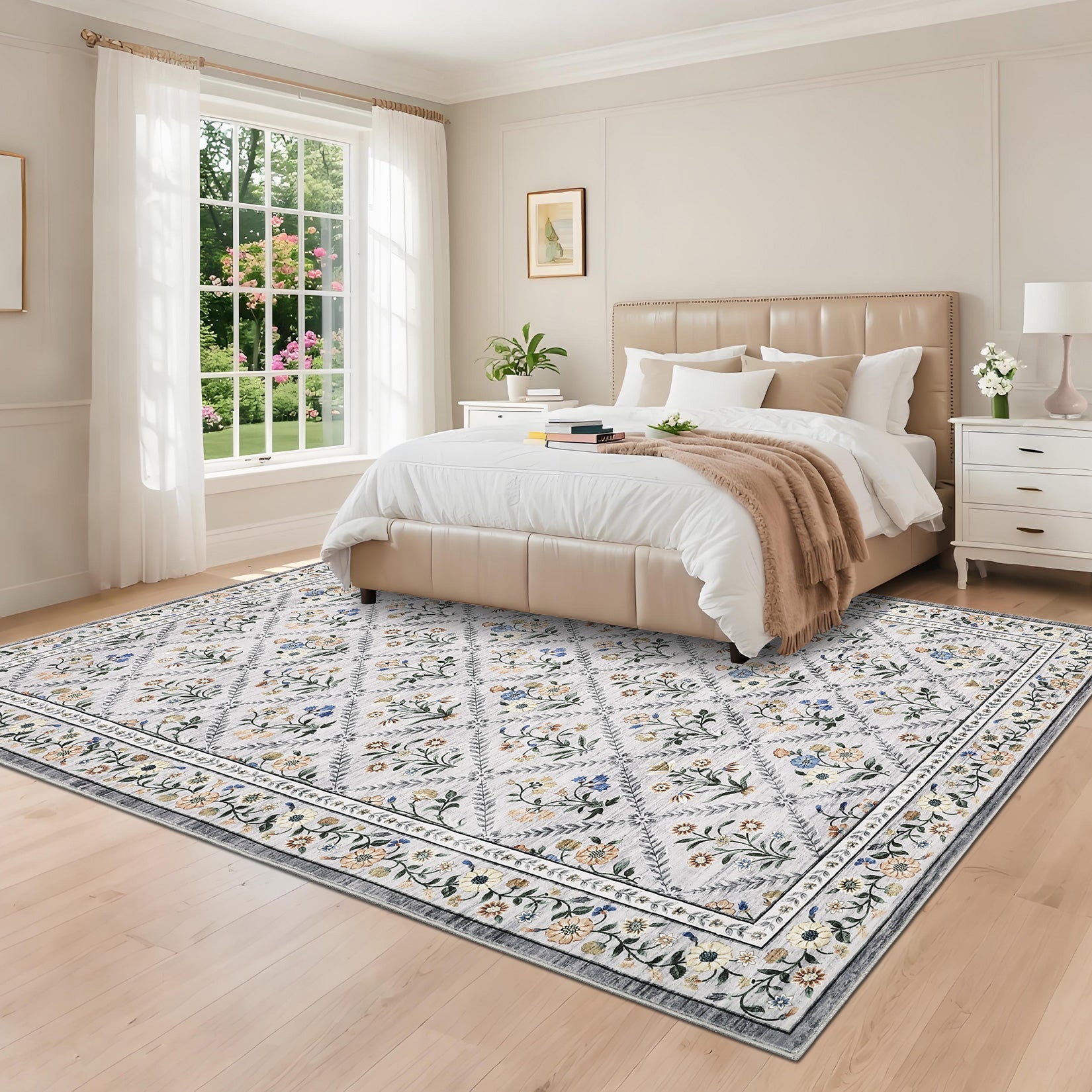 Garvee Grey Modern Foldable Area Rugs Vintage Striped Washable Low Pile Carpet Indoor Living Room Bedroom 8x10ft