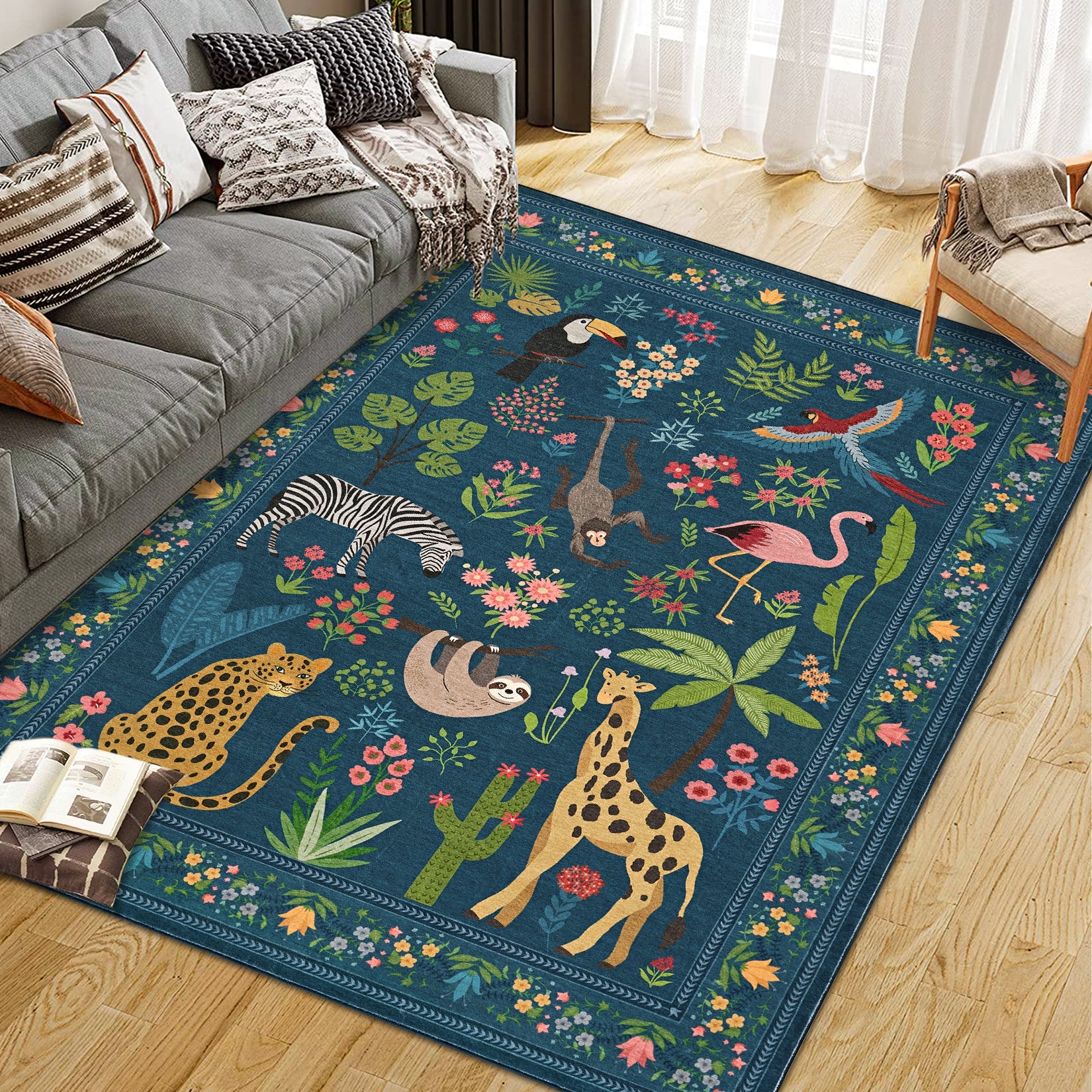 Garvee 5x7 Washable Animal Rug Non Slip Vintage Design Soft Low Pile Large Carpet Green for Living Room Bedroom Nursery Playroom Kids Room