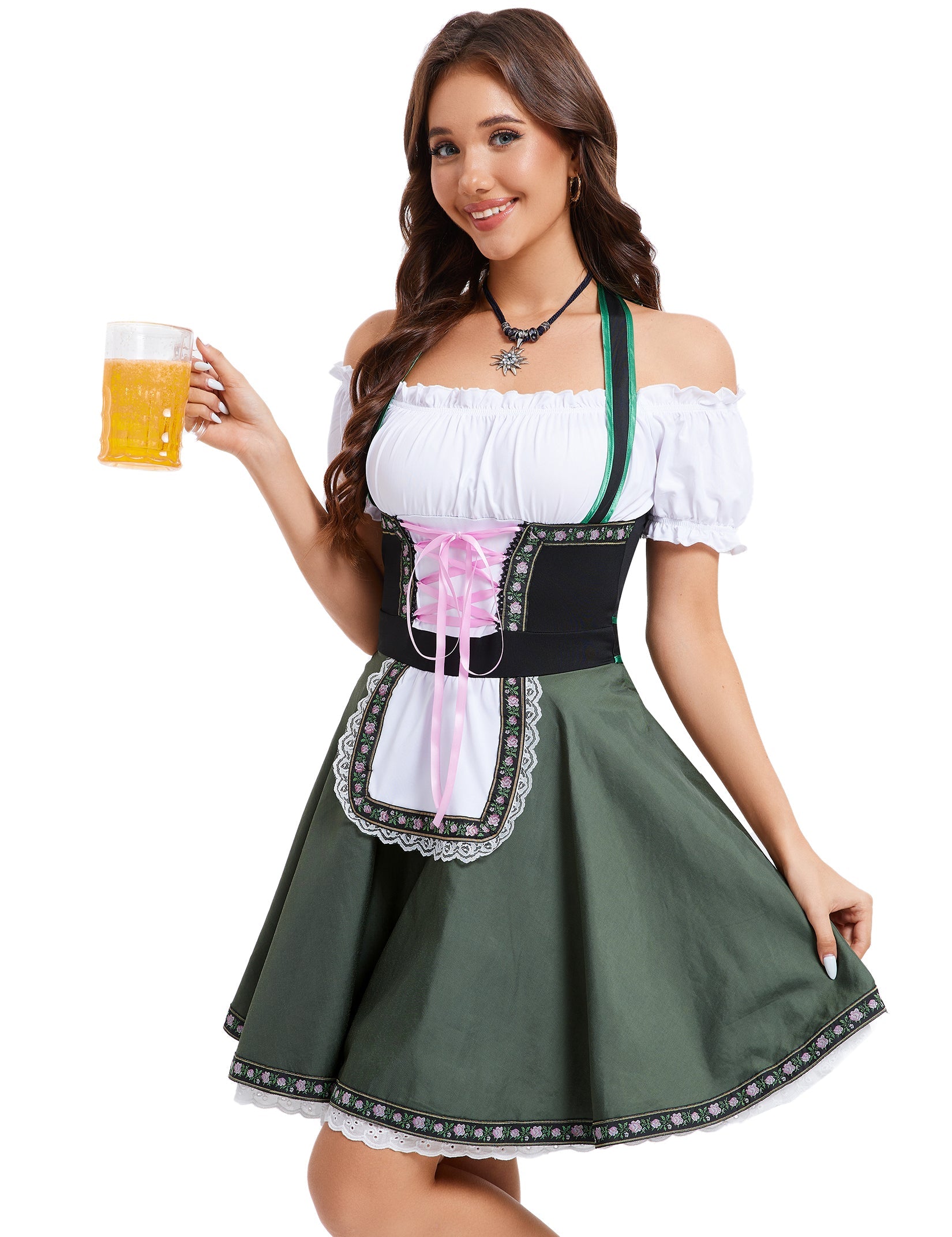 Garvee Womens Dirndl Dress Off The Shoulder Halter Beer Bavarian Oktoberfest Halloween Dress Army Green M