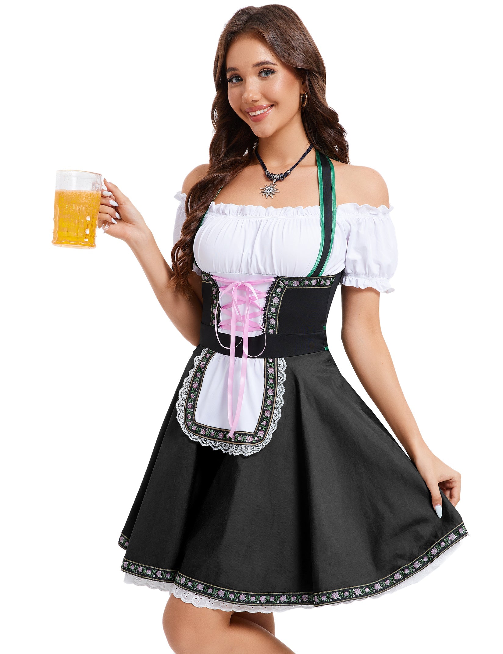 Garvee Womens Dirndl Dress Off The Shoulder Halter Beer Bavarian Oktoberfest Halloween Black XL