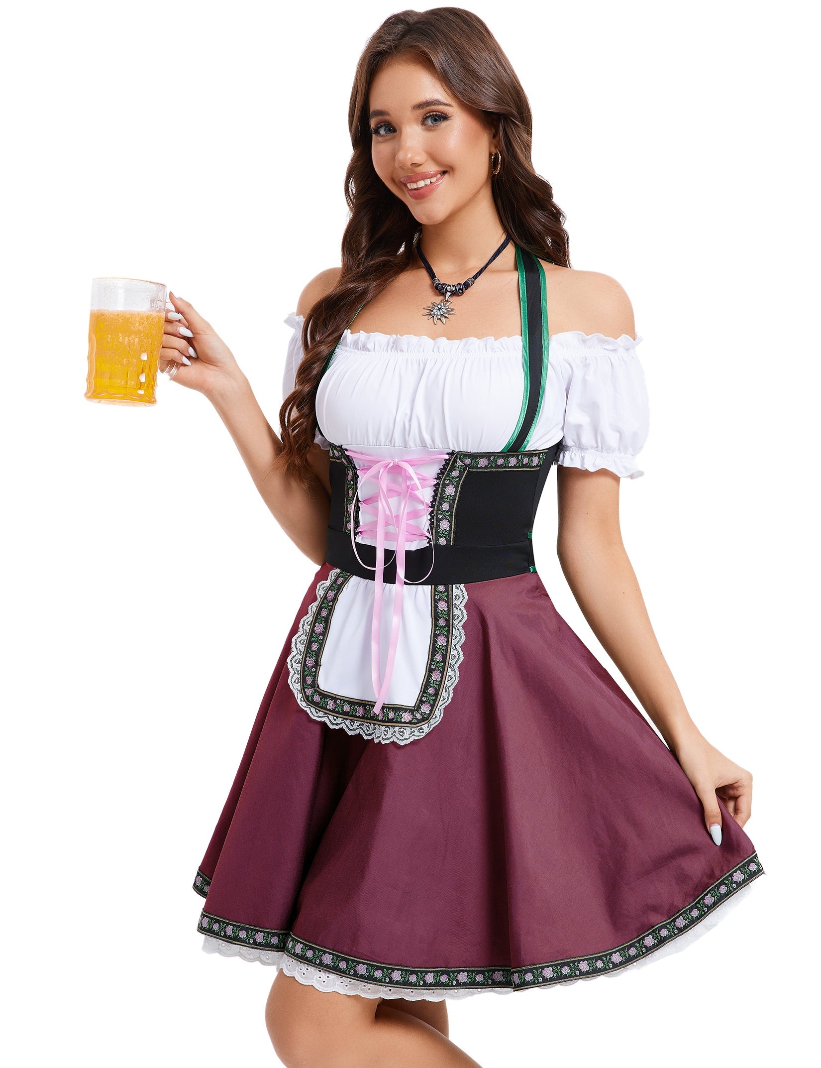 Garvee Womens German Dirndl Dress Oktoberfest Bavarian Beer Festival Wine Red S