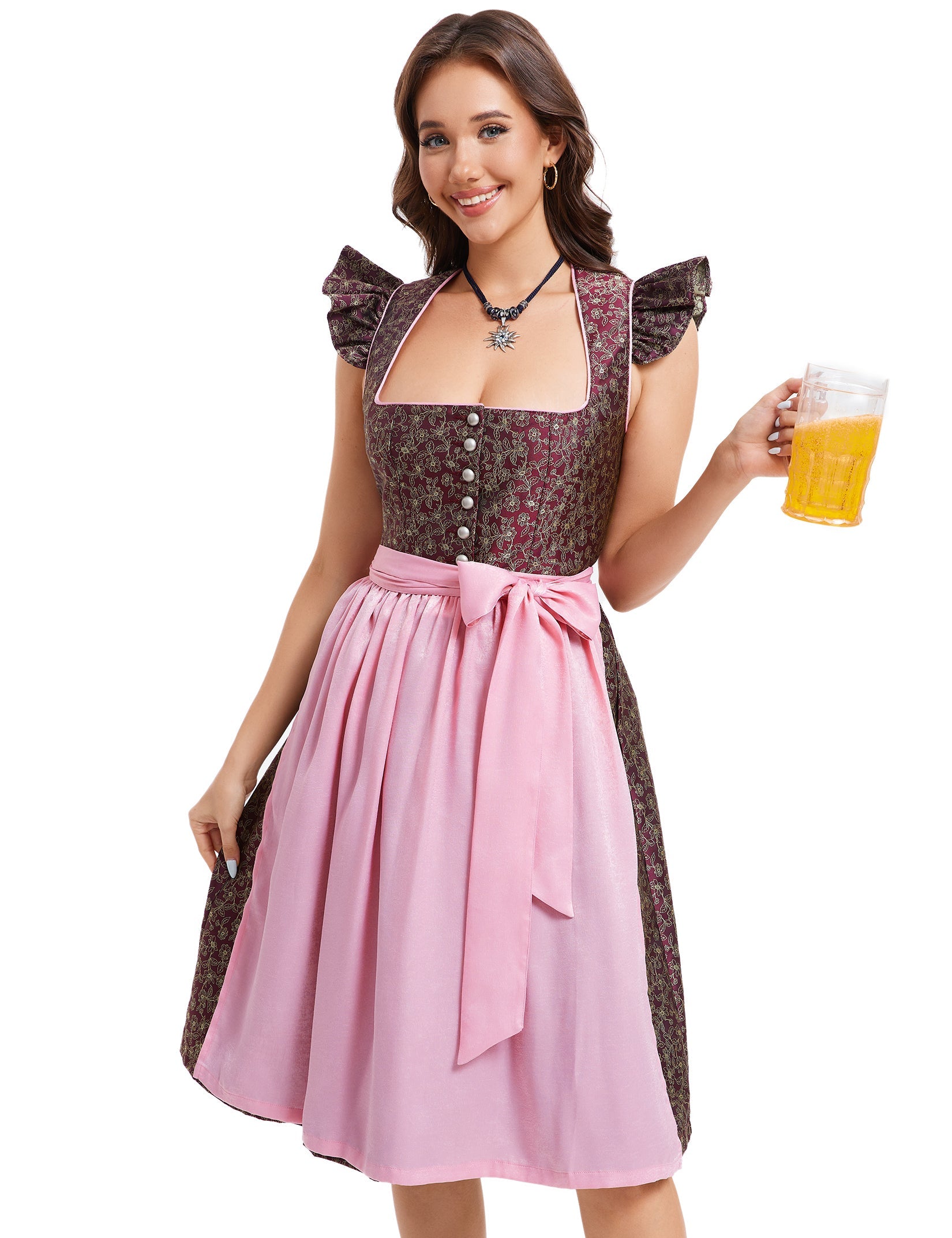 Garvee Womens Dirndl Dress Cap Sleeve Jacquard Button Two Piece Beer Bavarian Oktoberfest Halloween Costume Burgundy S