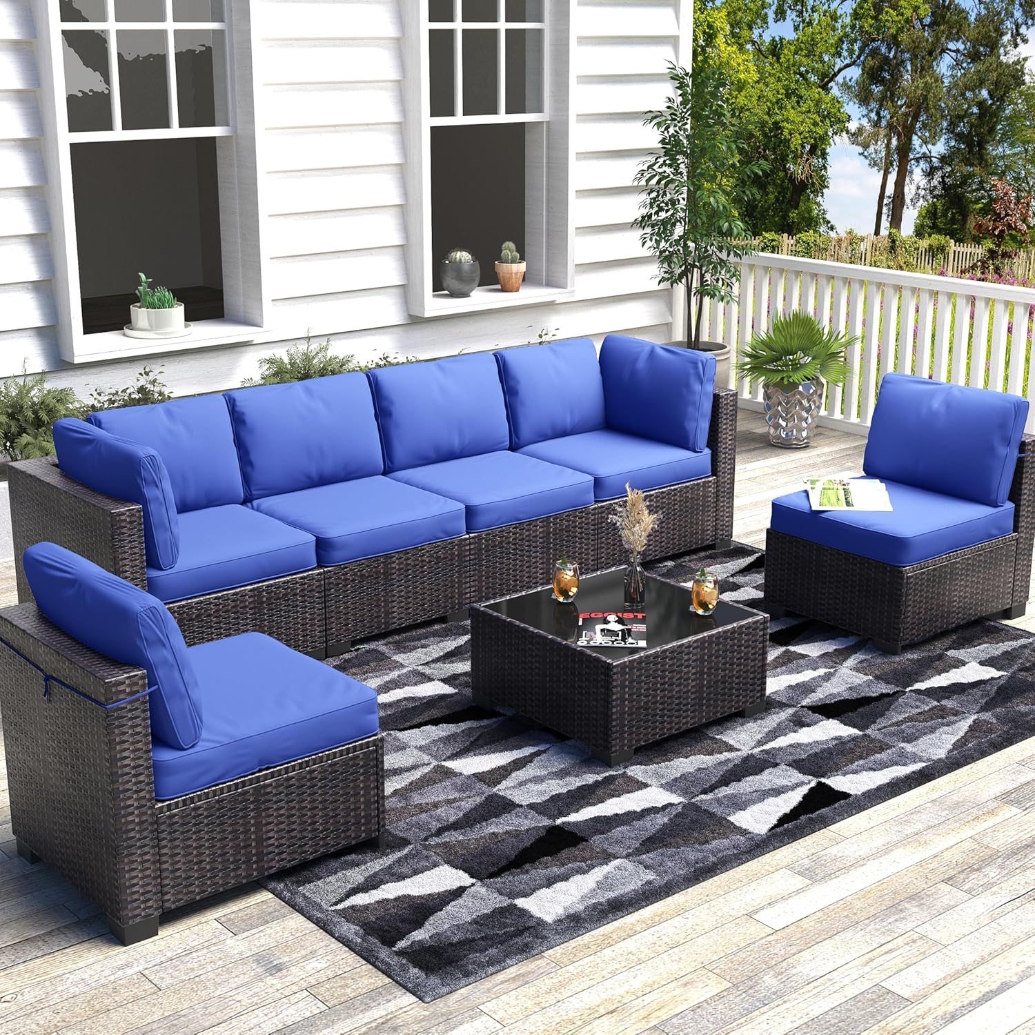 Garvee 7-Piece Outdoor Patio Furniture Set – All-Weather PE Wicker Sectional Sofa with Cushions & Glass Coffee Table, Modular Conversation Set for Gar