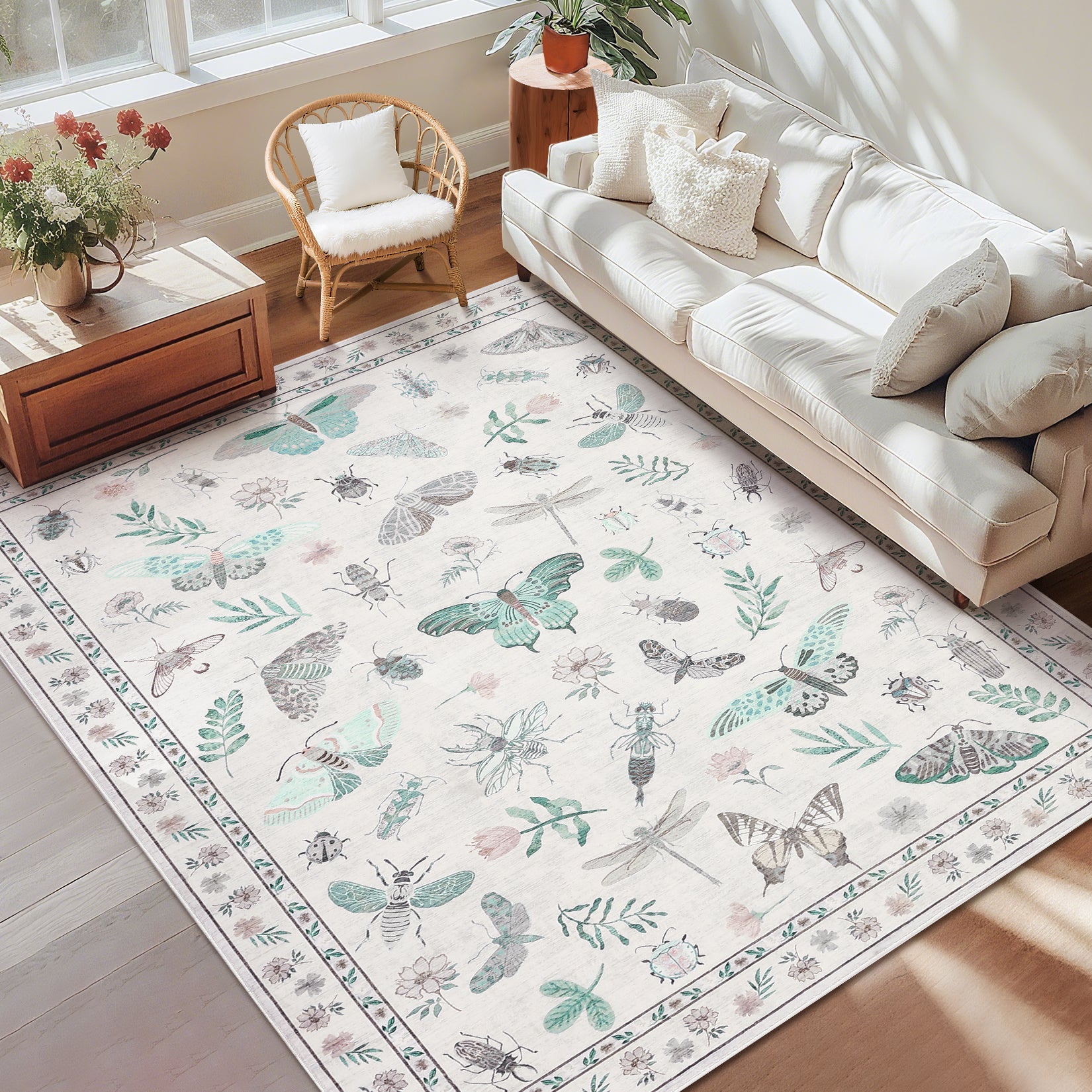 Garvee Modern 8x10 Rug Floral Insect Print Non-Slip Machine Washable Ultra-Soft Beige Indoor Carpet for Living Room Bedroom Nursery