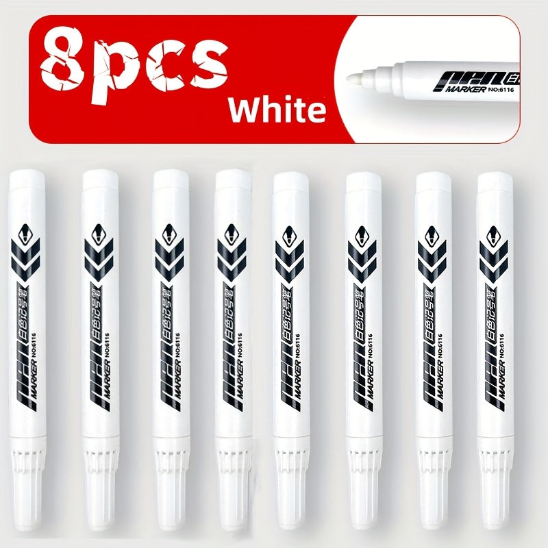 TEMU Pack Of 8 White Markers - High Quality Non-smudging With Medium Tip For Multi-surface Writing On Plastic, Glass, Metal - Ideal For Calligraphy,