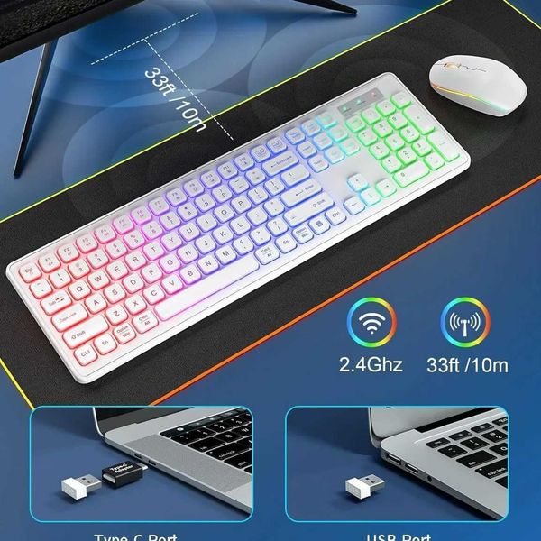 Wireless Keyboard and Mouse Combo RGB Backlit Rechargeable Light Up Letters Full-Size Ergonomic Sleep Mode 2.4GHz X2502031