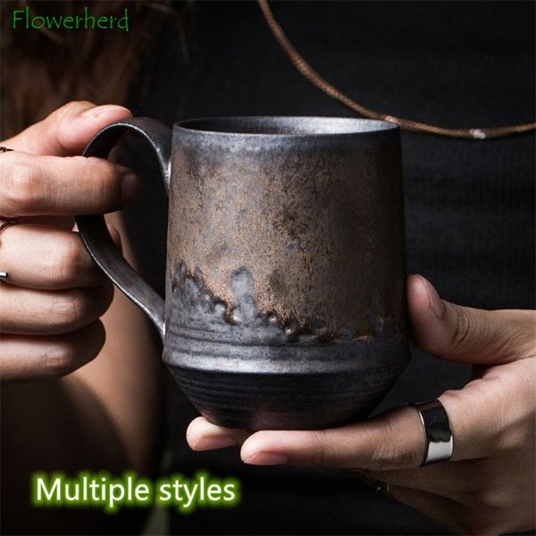 Nordic style hanging ear ceramic coffee cup rusted glass copper colored pottery tea cup creative water cup gold-plated couple coffee cup 240