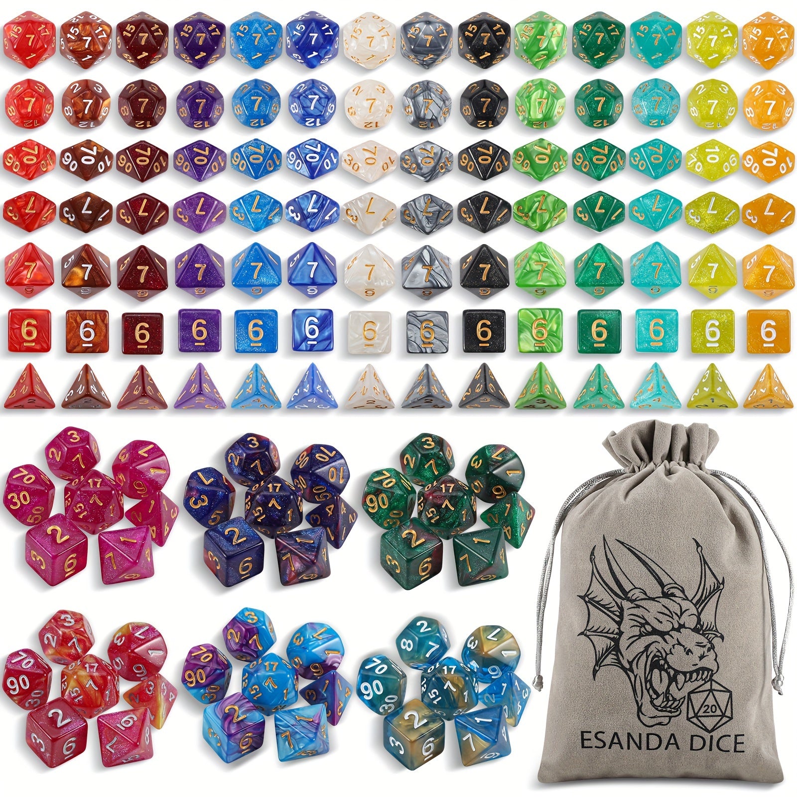 TEMU 20 Sets Of High-quality Polyhedral Dice With A Drawstring Bag For D&d Rpg Mtg Table Games. Ideal For Gaming, Halloween, Christmas Gifts, And
