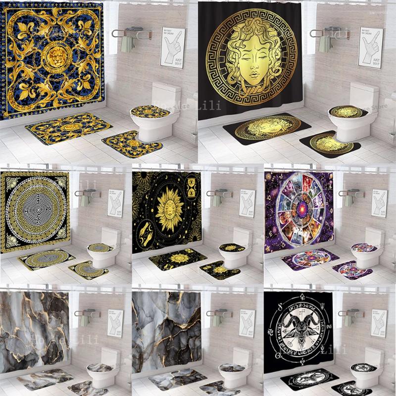 Shower Curtains Curtain Set Luxury Black And Gold Polyester Fabric Washable 3d Marble Toilet Cover Bathroom Accessories Se