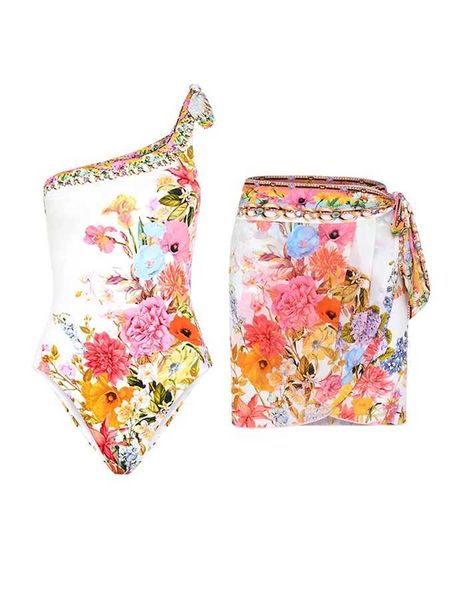 Fashion Vintage Floral Cluster Print Oblique Shoulder One Shoulder Wrong Into Design One-piece Womens Bikini Swimsuit Cover UpXJ240108