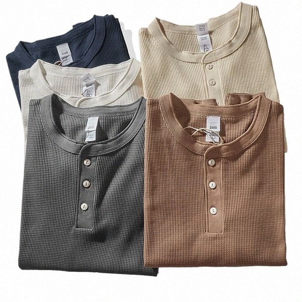 autumn and Winter American Retro 260g Waffle Knitted Henry Collar T-shirt Men&#039;s Fi Lg-sleeved Loose Casual Bottoming Tops 73RA#