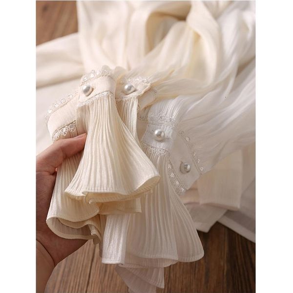 Basic Casual Dresses Blusas Mujer De Moda 2023 Vintage Court Style Pleated Flare Sleeve Shirt Women Ribbon Tops Lady Korean Blouses Spring O