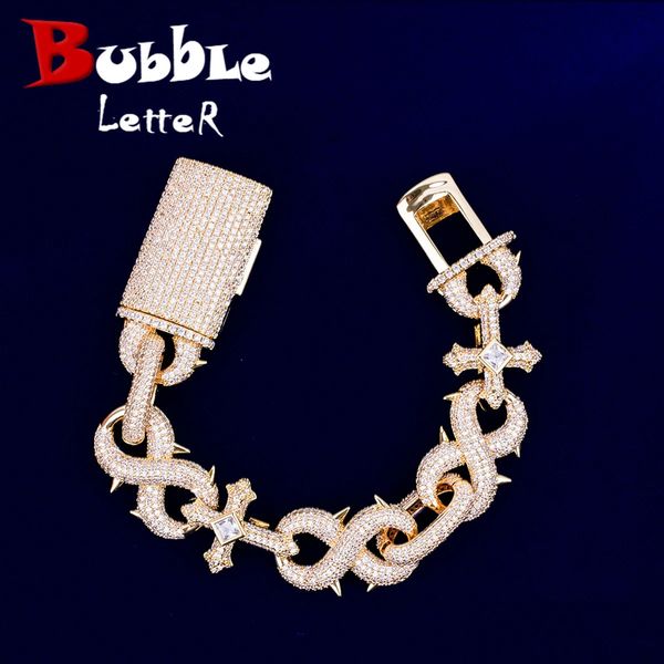 Bubble Letter Prong Cross Infinity Bracelet Cuban Link for Women Two Tone Cubic Zirconia Iced Out Charms Hip Hop Jewelry 240323