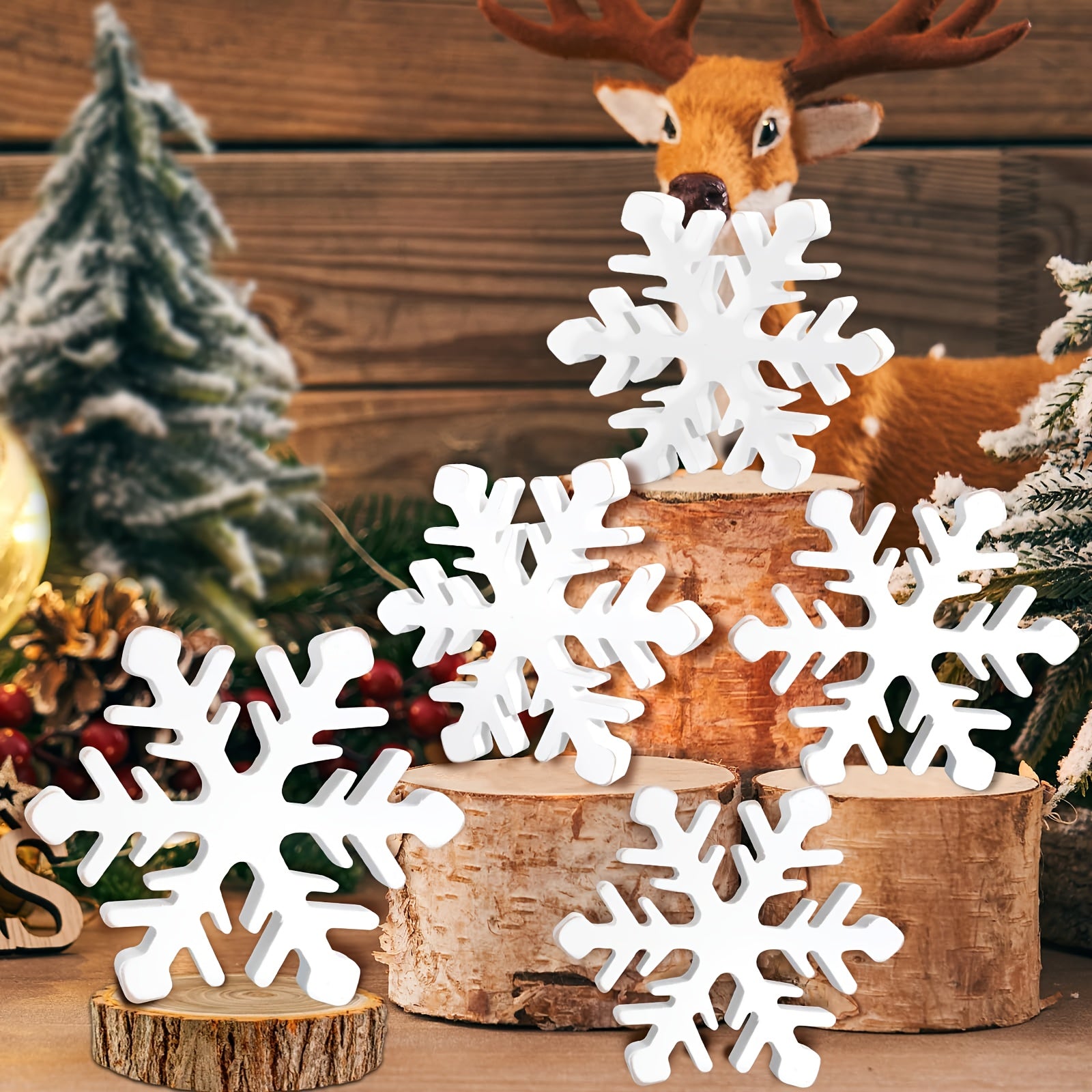 TEMU 5 Christmas Tiered Tray Decorations, Rustic Wooden Snowflake Decorations, Farmhouse Tabletop Decorations, Suitable For Coffee Bars, Dining