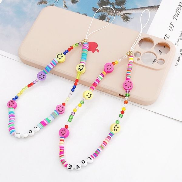 ddmygifts New Soft Ceramic Smiling Face Rope LOVE Letter Beaded Chain Phone Case Anti Drop Hanging Decoration Pendant A