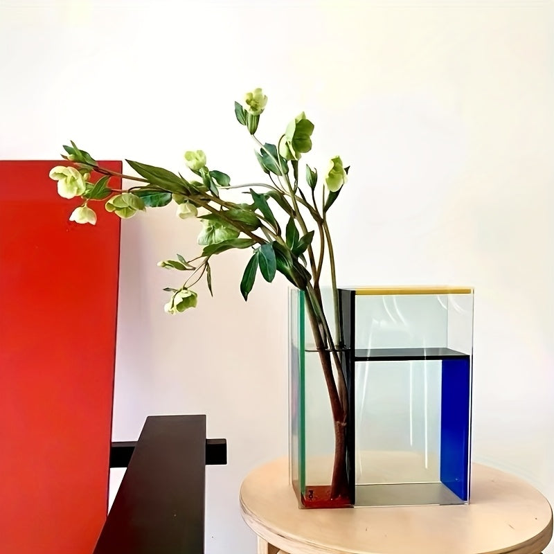 TEMU 1pc, Modern Acrylic Vase With Transparent, Red, Yellow And Blue Panels - Modern Art Decoration Suitable For Home Decor,