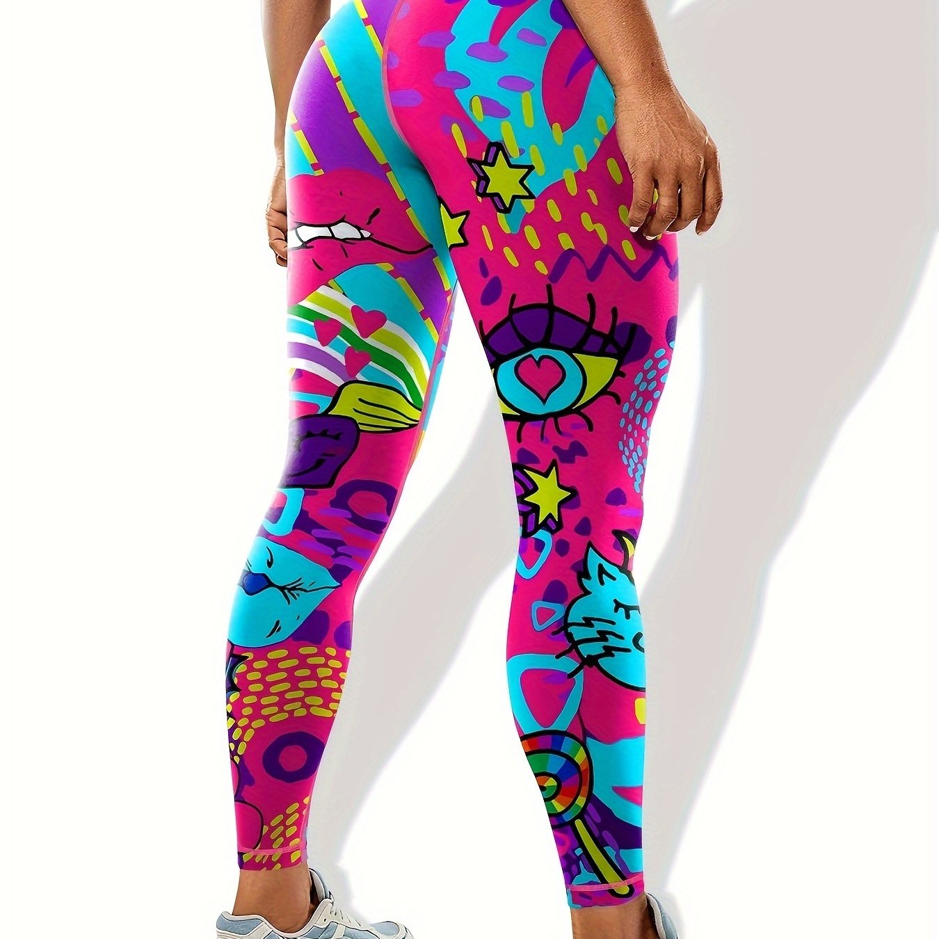 TEMU Graffiti Print Fitness Yoga Pants, Butt Lifting Tummy Control Slimming , Women's Activewear