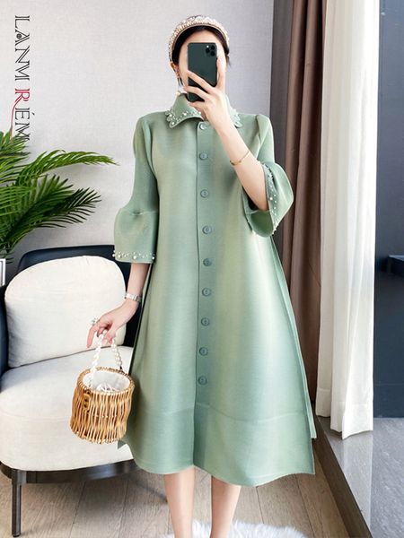 Casual Dresses LANMREM Flare Sleeves Pleated Dress Women Single Breasted Turn Down Collar Female Fashion Dress Spring Summer 2R1293 230512