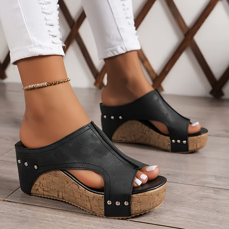 TEMU Women's Retro Thick-soled Sandals, Open-toe Side-hollowed-out Heel- Casual Shoes, Comfortable Wedge-heeled Shoes For Summer