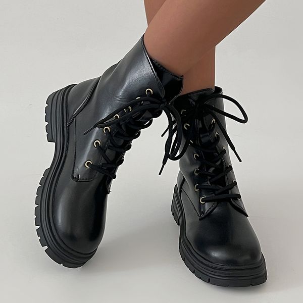 Rimocy Black Pu Leather Ankle Boots for Women Low Heels Lace Up Fashion Booties Woman Non Slip Platform Combat Botas Mujer 2024 f44a