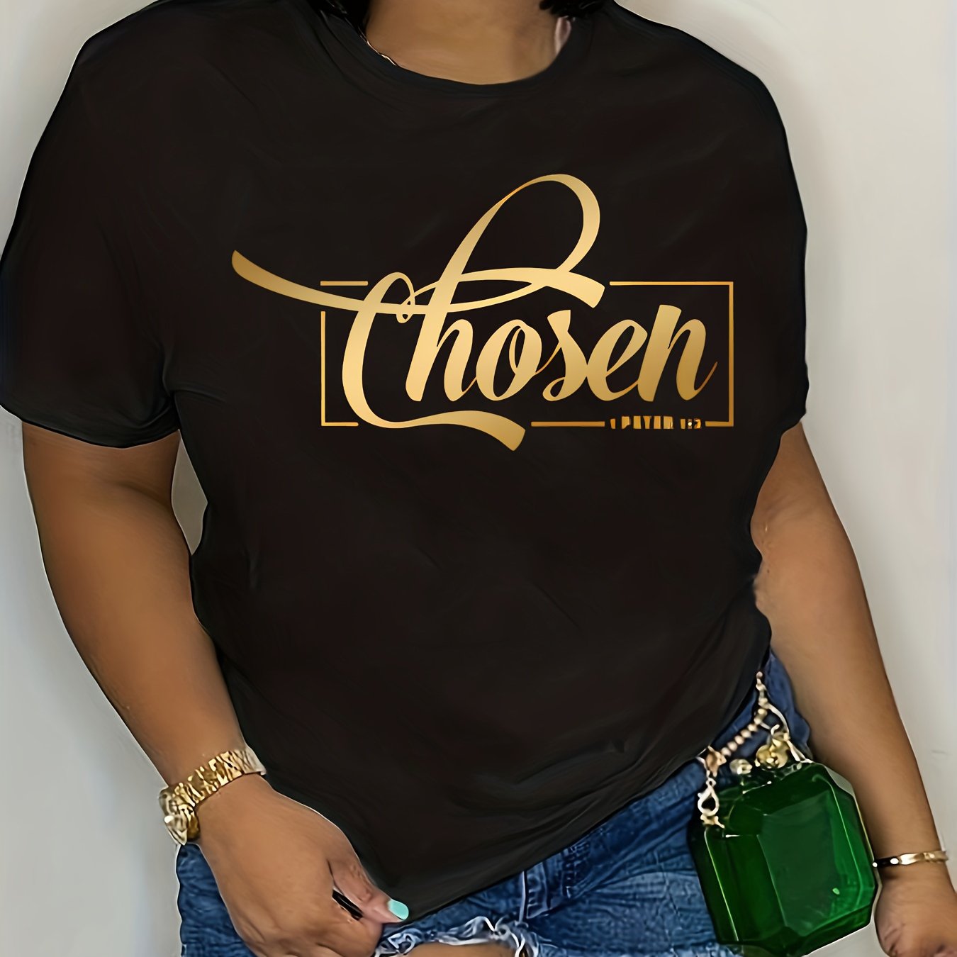 TEMU [] Women's Plus Size "" Graphic T-shirt - Casual Black With Golden Cursive Print, Short Sleeve, Crew Neck, Soft, Relaxed Fit, Ideal For , Plus