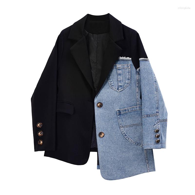 Women&#039;s Suits Women Vintage Fashion Blazer Denim Patchwork Jackets Autumn Winter Irregular Coat Long Sleeve Loose Korean Outerwear