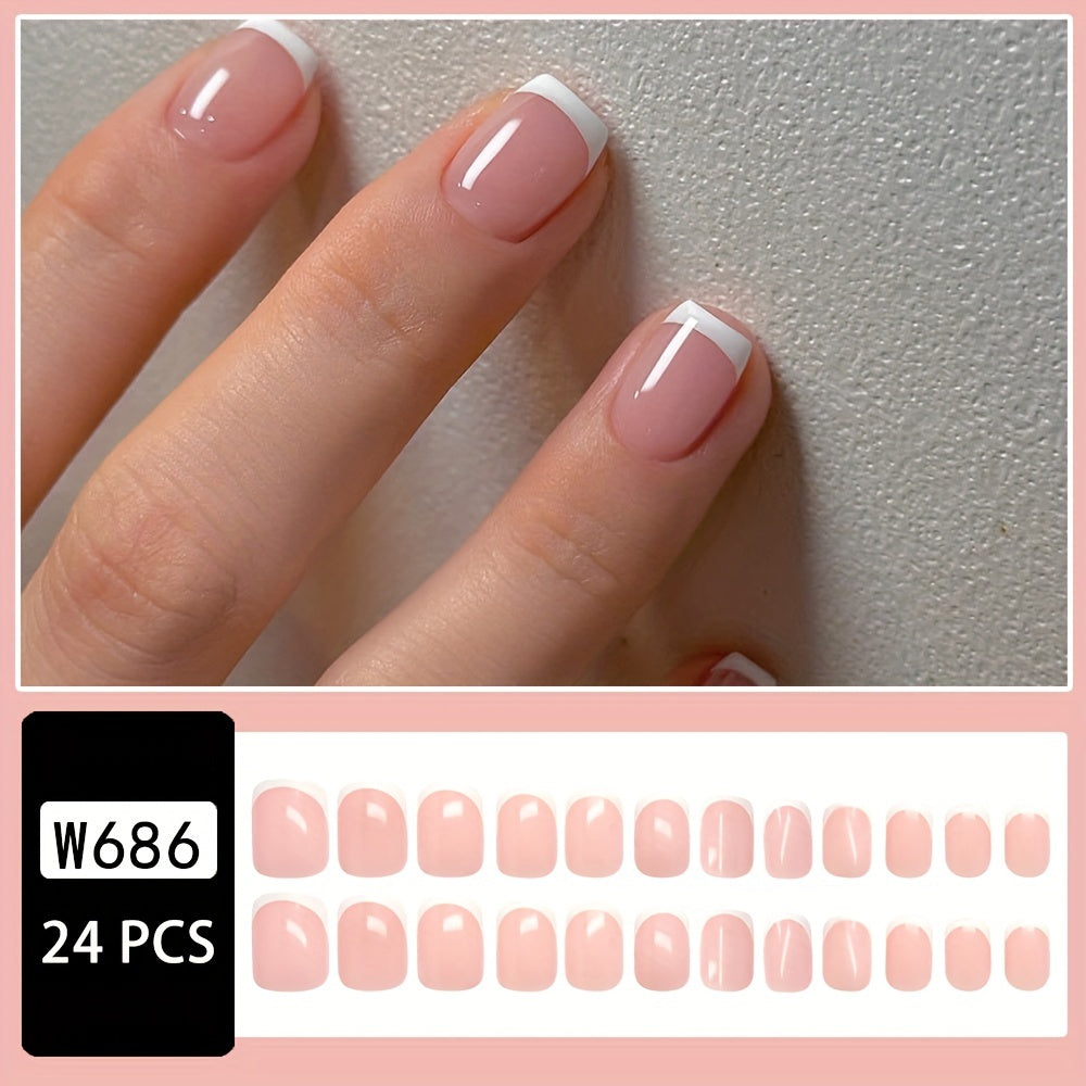 TEMU 24 Pcs Short Square Press-on Fake Nails, French Manicure In Pure Desire Pink, Easy-to-wear & Removable Nails For Women And Girls, Nail Set With