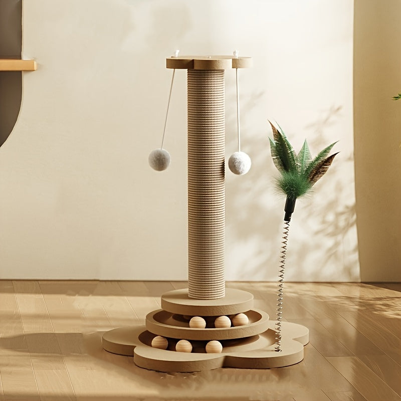 TEMU 1pc Interactive Cat Scratching With Jute, Ball Track & Feather Toy – Multi-functional Self-entertainment Cat Toy For Indoor Play, No Batteries