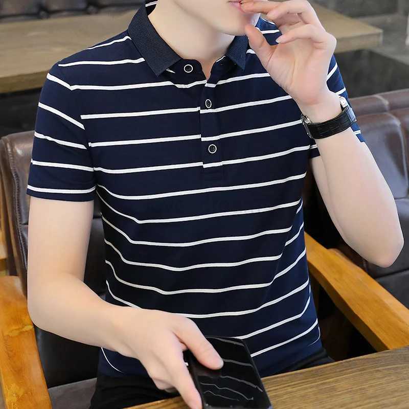 Basic Striped Short Sleeve Polo Shirts Mens Clothing Commute Casual Turn-down Collar Summer Contrasting Colors Slim T-shirtsXJ240920