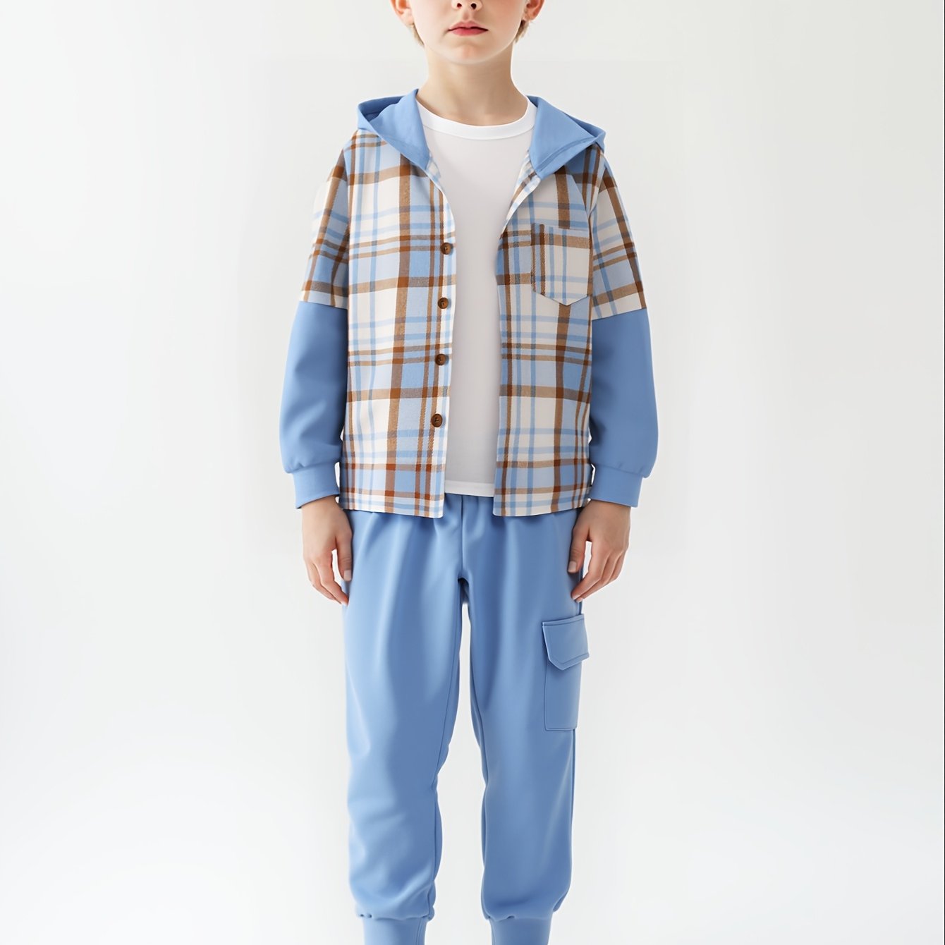 TEMU 2-piece Set Of Boys' Halloween Hooded Sweatshirt, New Autumn And Winter Style, Long-sleeved Checkered Cardigan, Children's Jacket, Fashionable