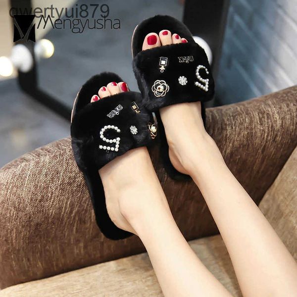 Slippers Famous perfume decorative fur slider womens winter clamshell camel pearl bead sandals pantufas cozy slides c85 H241120