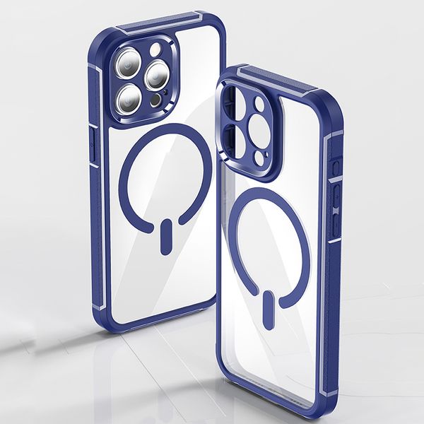 iPhone 15 14 Pro Max Magnetic Phone Case for Apple 13 12 11 Plus Clear Leather Grain Cosmetic Line Corner-cushioned Anti-slip Bumper Coque F